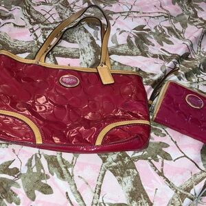 Coach Red Patent Tote with Tan Trim and Matching Wristlet